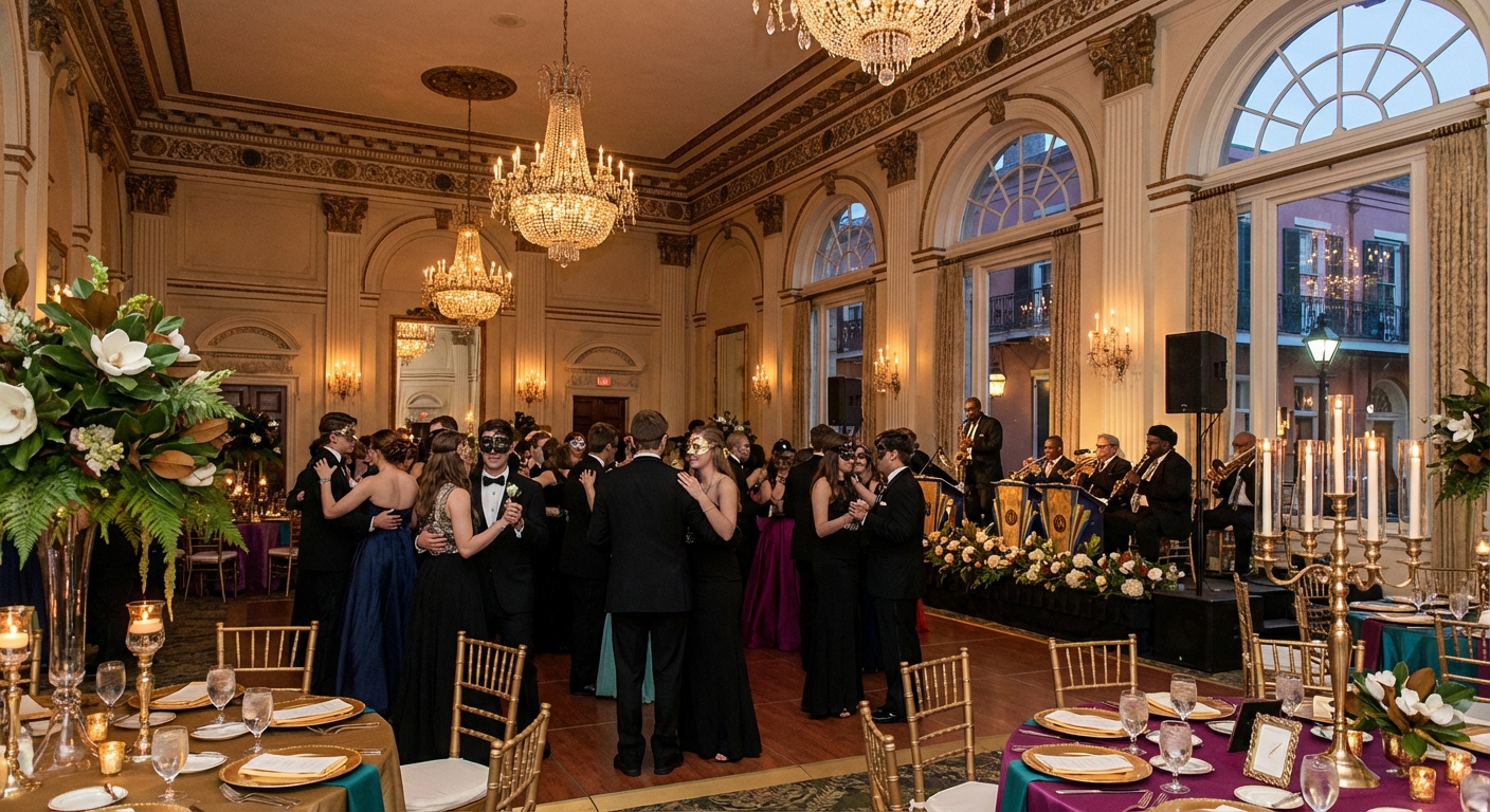 Elegant rooftop prom event overlooking New Orleans skyline at sunset