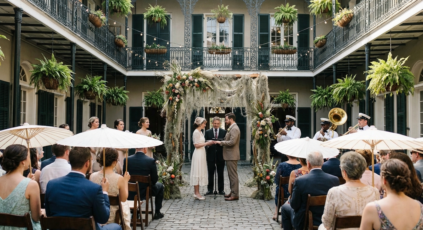 Unique New Orleans wedding ceremony exit with second line parade